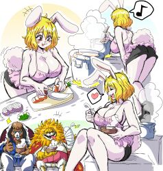 Rule 34 | 1girl, 2boys, :p, animal ears, animal nose, black skirt, blonde hair, bowl, breasts, brown eyes, cameltoe, carrot, carrot (one piece), clothes lift, cooking, eyelashes, food, furry, furry female, heart, high-waist skirt, highres, large breasts, legs together, lewdamone, multiple boys, music, one piece, onion, panties, rabbit ears, rabbit girl, rabbit tail, short hair, singing, skirt, skirt lift, sleeveless, soup, tail, thighs, tongue, tongue out, underwear, vegetable, white fur