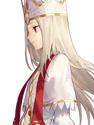 Rule 34 | 1girl, breasts, capelet, crown, dress, dress of heaven, fate/stay night, fate (series), heaven&#039;s feel, highres, illyasviel von einzbern, long hair, long sleeves, looking to the side, red eyes, sash, simple background, small breasts, smile, tesin (7aehyun), white background, white dress, white hair