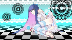Rule 34 | 10s, 1girl, ass, bad id, bad pixiv id, bare shoulders, blue eyes, blunt bangs, bow, bracelet, breasts, candy, checkered floor, clothes lift, colored inner hair, doily, english text, engrish text, floor, food, green eyes, hair bow, halo, high heels, highres, jewelry, kagexxx, lace background, lollipop, long hair, lying, medium breasts, mouth hold, multicolored hair, on side, panties, panty &amp; stocking with garterbelt, pink hair, ranguage, shoes, skirt, skirt lift, solo, stocking (psg), striped clothes, striped panties, striped thighhighs, thighhighs, two-tone hair, underwear, wallpaper, wings