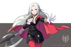 Rule 34 | 1girl, absurdres, ascot, axe, bird, blonde hair, blue eyes, cape, eagle, edelgard von hresvelg, fire emblem, fire emblem: three houses, gloves, hair ornament, hair ribbon, highres, holding, holding axe, holding weapon, long hair, looking at viewer, nintendo, outstretched arm, pantyhose, red cape, red pantyhose, ribbon, simple background, sixteen minus seven, smile, solo, symbol, translation request, two-tone background, uniform, weapon, white background, white gloves