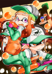 Rule 34 | 1boy, 2girls, artist name, baseball cap, blunt bangs, boots, commentary request, elbow gloves, fangs, gloves, green footwear, green gloves, green hat, hat, holding, holding weapon, inkling, inkling boy, inkling girl, inkling player character, lifebuoy, long hair, looking at viewer, looking back, multiple girls, nintendo, open mouth, orange eyes, orange hair, overalls, parted lips, pointy ears, purple eyes, rubber boots, rubber gloves, salmon run (splatoon), shirotake jinan, shirt, short hair, signature, splat charger (splatoon), splatoon (series), splatoon 2, splattershot (splatoon), squid, standing, swim ring, tearing up, tentacle hair, thigh boots, thighhighs, triangle mouth, wavy mouth, weapon, white shirt