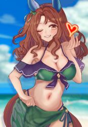 Rule 34 | 1girl, alternate costume, animal ears, b9pqpy, beach, blush, breasts, brown hair, cleavage, commentary request, ear covers, hair ornament, highres, horse ears, horse girl, horse tail, king halo (umamusume), large breasts, looking at viewer, medium hair, midriff, navel, one eye closed, open mouth, simple background, solo, sweat, swimsuit, tail, umamusume