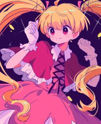 Rule 34 | 1girl, biscuit krueger, blonde hair, capelet, collar, cross-laced clothes, cross-laced top, dress, drill hair, drill ponytail, frilled capelet, frilled collar, frills, gloves, hair ribbon, highres, hunter x hunter, long hair, pink eyes, red capelet, red dress, ribbon, sanamaru (sana79261827), smile, solo, twintails, white gloves