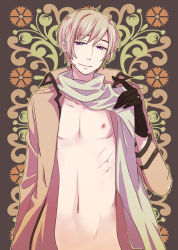 Rule 34 | 1boy, axis powers hetalia, bad id, bad pixiv id, blonde hair, jacket, male focus, nipples, open clothes, open jacket, purple eyes, russia (hetalia), scarf, topless male, smile, solo, wagimocco