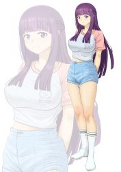 Rule 34 | 1girl, absurdres, alternate costume, blunt bangs, blunt ends, breasts, closed mouth, collarbone, commentary, denim, denim shorts, feet, fern (sousou no frieren), full body, ghhoward, grey shirt, high-waist shorts, highres, impossible clothes, impossible shirt, large breasts, legs, long hair, looking at viewer, midriff peek, no shoes, pink shirt, purple eyes, ribbed socks, shirt, short shorts, short sleeves, shorts, skindentation, socks, solo, sousou no frieren, thighs, toes, torn clothes, torn shorts, white socks, zoom layer