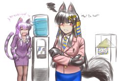 Rule 34 | 2girls, :d, alternate costume, animal ears, animal hands, anubis (monster girl encyclopedia), black hair, blush, bwsnowy, cat ears, cat tail, cheshire cat (monster girl encyclopedia), closed eyes, crossed arms, disembodied blush, embarrassed, english text, fur, hair ornament, highres, hime cut, laughing, long hair, looking at viewer, monster girl, monster girl encyclopedia, monster girl encyclopedia ii, multicolored hair, multiple girls, necktie, office lady, open mouth, purple hair, red eyes, simple background, smile, squiggle, striped, striped tail, tail, text focus, two-tone hair, very long hair, water cooler, white background
