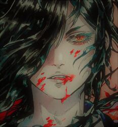 Rule 34 | 1boy, black hair, blood, blood on face, blood on mouth, close-up, commentary, dororo (tezuka), english commentary, etherbeam, eyelashes, hair over one eye, highres, hyakkimaru (dororo), long hair, looking at viewer, male focus, orange eyes, painting (medium), parted lips, portrait, solo, traditional media, watercolor (medium)