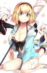 Rule 34 | 3girls, :d, absurdres, anger vein, bikini, bikini top only, black bikini, black hairband, black jacket, black one-piece swimsuit, blonde hair, blue eyes, blue jacket, blush, breast hold, breasts, brown eyes, cleavage, closed mouth, clothes theft, collarbone, commentary request, fate/grand order, fate (series), flying sweatdrops, hair between eyes, hairband, highres, hood, hood down, hooded jacket, innertube, jacket, jeanne d&#039;arc alter (swimsuit berserker) (fate), jeanne d&#039;arc (fate), jeanne d&#039;arc (swimsuit archer) (fate), jeanne d&#039;arc (swimsuit archer) (first ascension) (fate), jeanne d&#039;arc alter (fate), jeanne d&#039;arc alter (swimsuit berserker) (fate), jeanne d&#039;arc alter santa lily (fate), long hair, medium breasts, multiple girls, new school swimsuit, one-piece swimsuit, open clothes, open jacket, open mouth, profile, ranf, school swimsuit, silver hair, sitting, smile, swim ring, swimsuit, swimsuit theft, theft, transparent, unworn bikini top, very long hair, wariza, wet, white background