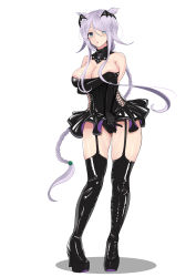 Rule 34 | 1girl, absurdres, alternate costume, areola slip, arm under breasts, baji toufuu (bajitohfu), black dress, black footwear, black gloves, black panties, black thighhighs, blue eyes, boots, braid, breasts, cleavage, commission, cosplay, cross-laced clothes, dress, elbow gloves, eyes visible through hair, full body, garter straps, gloves, hair flaps, hair tie, halloween, halloween costume, high heel boots, high heels, highres, johnston (kancolle), johnston (kancolle) (cosplay), kantai collection, large breasts, latex, latex boots, latex dress, latex gloves, latex legwear, latex thighhighs, long hair, mole, mole under eye, panties, parted bangs, shiny clothes, silver hair, simple background, single braid, skeb commission, skin tight, solo, standing, swept bangs, thigh boots, thighhighs, umikaze (kancolle), underwear, vampire costume, very long hair, white background