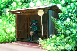 Rule 34 | 1girl, backpack, bag, bench, blue eyes, blue hair, boots, bus stop, cucumber, hand fan, food, forest, fruit, gin fuaru, grass, hair bobbles, hair ornament, hat, kawashiro nitori, key, looking at viewer, matching hair/eyes, nature, one eye closed, paper fan, rubber boots, short hair, sign, sitting, skirt, skirt set, solo, touhou, translated, twintails, two side up, uchiwa, watermelon, wink