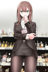 Rule 34 | 1girl, black jacket, black pantyhose, black skirt, blazer, breasts, brown hair, collared shirt, commentary request, gluteal fold, green eyes, hair between eyes, highres, indoors, jacket, lanyard, large breasts, long hair, miniskirt, office lady, ol-chan (oouso), oouso, original, pantyhose, pencil skirt, shirt, sidelocks, skirt, solo, white shirt