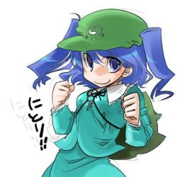 Rule 34 | 1girl, backpack, bad id, bad pixiv id, bag, blue eyes, blue hair, blush, character name, collar, dress, female focus, flat cap, green dress, hat, kawashiro nitori, key, long sleeves, looking at viewer, lowres, matching hair/eyes, smile, solo, touhou, two side up, upper body