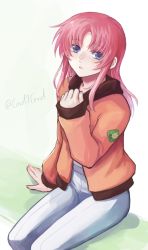 Rule 34 | 1girl, arm support, blue eyes, cardigan, character request, gundam, gundam seed, gundam seed destiny, long hair, long sleeves, looking at viewer, meyrin hawke, open cardigan, open clothes, orange cardigan, pants, parted lips, pink hair, simple background, sitting, solo, twitter username, white background, white pants, yuuka seisen