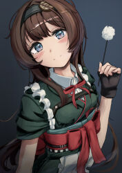 Rule 34 | 1girl, apron, black gloves, blue eyes, blush, breasts, brown hair, collared shirt, fingerless gloves, frilled apron, frills, gloves, goddess of victory: nikke, green kimono, hairband, holding, japanese clothes, kano hoshi, kimono, long hair, looking at viewer, mica (nikke), mica (snow buddy) (nikke), mimikaki, official alternate costume, red ribbon, ribbon, shirt, small breasts, smile, solo, white apron
