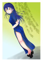 Rule 34 | 1girl, artist name, artist request, bare legs, black footwear, blue dress, blue hair, blue skirt, blush, breasts, brown eyes, china dress, chinese clothes, dress, female focus, floating hair, floral print, from behind, full body, green background, hair between eyes, high heels, highres, long hair, looking at viewer, looking back, love live!, love live! school idol project, miniskirt, parted lips, plaid, plaid dress, plaid skirt, pleated, pleated dress, pleated skirt, skirt, smile, solo, sonoda umi, wavy hair, yellow eyes