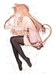Rule 34 | 1girl, absurdres, animal ears, asuna (sao), backless dress, backless outfit, bad id, bad pixiv id, bed sheet, black thighhighs, blush, braid, breasts, brown eyes, brown hair, cat ears, cat tail, dress, french braid, frilled dress, frills, from above, full body, highres, kemonomimi mode, long hair, looking at viewer, lying, medium breasts, no shoes, on side, panties, pink dress, riko201008, shiny clothes, shiny legwear, short dress, sideboob, sleeveless, sleeveless dress, solo, sword art online, tail, thighhighs, underwear, very long hair, white background, white panties