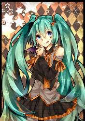 Rule 34 | 1girl, :q, argyle, argyle background, argyle clothes, bandages, blue eyes, detached sleeves, green hair, halloween, hatsune miku, highres, long hair, ria (akl14), skirt, solo, star (symbol), tongue, tongue out, twintails, very long hair, vocaloid