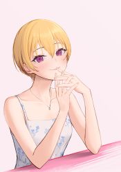 Rule 34 | 1girl, absurdres, blonde hair, breasts, closed mouth, collarbone, dress, floral print, hair between eyes, highres, idolmaster, idolmaster shiny colors, jewelry, necklace, own hands together, purple eyes, saijo juri, short hair, sjuno, small breasts, smile, solo, spaghetti strap, upper body
