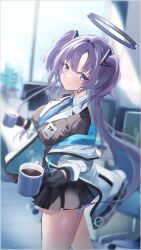 Rule 34 | 1girl, belt, blazer, blue archive, blue eyes, blue necktie, blurry, coat, coffee, coffee mug, collared shirt, commentary request, cup, depth of field, dual wielding, giving, hair between eyes, halo, highres, holding, holding cup, indoors, jacket, karuushi, long hair, long sleeves, looking at viewer, mug, necktie, office, open clothes, open coat, parted bangs, pleated skirt, purple hair, school uniform, shirt, sidelocks, skirt, smile, solo, sunlight, two side up, white coat, window, yuuka (blue archive)