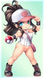 Rule 34 | 10s, 1girl, :3, :d, antenna hair, bag, bare legs, baseball cap, blue eyes, boots, bottomless, breasts, brown hair, chibi, covered erect nipples, creatures (company), female focus, full body, game freak, hair ornament, hat, highres, hilda (pokemon), legs, long hair, looking at viewer, nintendo, open mouth, poke ball, poke ball hat, poke ball print, pokemon, pokemon bw, ponytail, pussy, smile, solo, uncensored, very long hair