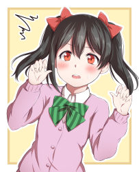 Rule 34 | 1girl, ^^^, black hair, bow, cardigan, collared shirt, commentary request, diagonal stripes, dutch angle, fingernails, green bow, hair between eyes, hair bow, hands up, highres, hitotsuki no yagi, long hair, long sleeves, looking at viewer, love live!, love live! school idol project, open mouth, pink cardigan, red bow, red eyes, shirt, sidelocks, sleeves past wrists, solo, striped, striped bow, sweat, teeth, twintails, upper body, upper teeth only, white shirt, yazawa nico