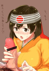 Rule 34 | 10s, 1boy, 1girl, brown eyes, brown hair, censored, handjob, headband, hiryuu (kancolle), japanese clothes, jewelry, kantai collection, open mouth, penis, poco (backboa), remodel (kantai collection), ring, short hair, side ponytail, simple background, solo focus, translation request, wedding band, wedding ring