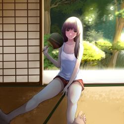 Rule 34 | 1girl, bad id, bad pixiv id, barefoot, breasts, brown eyes, brown hair, cleavage, hand fan, feet, highres, long hair, original, paper fan, parted lips, settyaro, shorts, sitting, sliding doors, small breasts, solo, tank top, tatami, toes, uchiwa