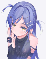 Rule 34 | 1girl, absurdres, amana (pocketkey), arm strap, bare shoulders, black nails, black shirt, blue hair, blush, bone hair ornament, closed mouth, detached sleeves, earrings, hair intakes, hair ornament, hairclip, hand up, highres, jewelry, long hair, looking at viewer, parted bangs, shirt, single detached sleeve, sleeveless, sleeveless shirt, smile, solo, strap slip, two side up, virtual youtuber, vspo!, white background, yano kuromu, yellow eyes