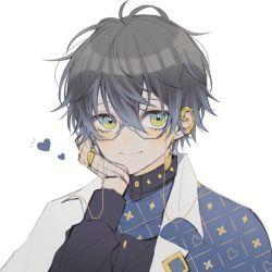Rule 34 | 1boy, black gloves, black shirt, blue capelet, blue hair, blue scarf, blush, buttons, capelet, closed mouth, collared capelet, collared shirt, commentary request, crossed bangs, earclip, earrings, eyewear strap, fishnet gloves, fishnets, glasses, gloves, gold earrings, gradient hair, green eyes, grey hair, hair between eyes, hand up, heart, ike eveland, ike eveland (1st costume), jewelry, long sleeves, looking at viewer, male focus, multicolored capelet, multicolored hair, nijisanji, nijisanji en, nitta (niitta240), scarf, shirt, short hair, smile, solo, upper body, virtual youtuber, white background, white capelet