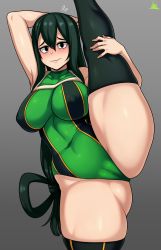 Rule 34 | 1girl, absurdres, ass, asui tsuyu, blush, bodysuit, boku no hero academia, boots, breasts, cameltoe, covered erect nipples, frog girl, green bodysuit, highres, jmg, large breasts, leotard, long hair, long tongue, looking at viewer, low-tied long hair, solo, split, standing, standing on one leg, standing split, thigh boots, thighhighs, tongue