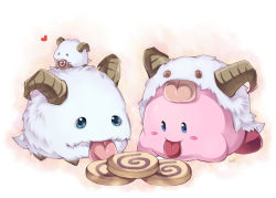 Rule 34 | :p, blue eyes, blush stickers, chibi, chibi on head, cookie, crossover, food, hat, heart, horns, kakip, kirby, kirby (series), league of legends, nintendo, no humans, on head, poro (league of legends), tongue, tongue out