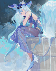 Rule 34 | absurdres, arknights, back cutout, barefoot, bingansuan jiamouren, blue dress, clothing cutout, dress, eyewear on head, flower, fountain, hair flower, hair ornament, hair over one eye, hand on own chin, hat, highres, long hair, looking at viewer, looking to the side, nature, parted lips, sitting, straight hair, sundress, sunglasses, very long hair, white flower