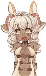 Rule 34 | 1girl, 7010, :d, ahoge, animal ears, bare shoulders, blush, braid, breasts, dark-skinned female, dark skin, detached sleeves, extra ears, long hair, looking at viewer, low twintails, medium breasts, navel, open mouth, oppai loli, original, silver hair, simple background, smile, solo, twintails, underboob, white background, yellow eyes