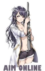 Rule 34 | 1girl, artist name, belt buckle, black shorts, blush, breasts, buckle, cleavage, clothes writing, coat, convenient arm, cowboy shot, cutoffs, earrings, flower, gun, hair flower, hair ornament, holding, holding gun, holding weapon, index finger raised, jewelry, long hair, long sleeves, looking at viewer, medium breasts, mole, mole under eye, navel, no bra, open clothes, open coat, original, purple hair, relaxjon, short shorts, shorts, simple background, solo, standing, swept bangs, thighhighs, weapon, white background, white coat