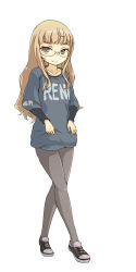 Rule 34 | 1girl, black pantyhose, blonde hair, casual, crossed legs, face, full body, glasses, highres, long hair, mune, pantyhose, perrine h. clostermann, rimless eyewear, shoes, simple background, smile, sneakers, solo, standing, strike witches, sweater, world witches series, yellow eyes