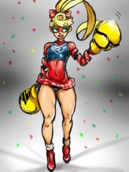 Rule 34 | 1girl, arms (game), blonde hair, boxing gloves, domino mask, female focus, highres, mask, multicolored hair, nintendo, panties, ribbon girl (arms), skirt, smile, solo, two-tone hair, underwear, walking