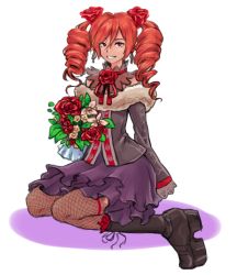 Rule 34 | 1girl, amy sorel, bouquet, detached collar, drill hair, earrings, fishnet thighhighs, fishnets, flat chest, flower, gothic lolita, grin, hair flower, hair ornament, jewelry, lolita fashion, long hair, platform footwear, pltrgst, red eyes, red hair, rose, skirt, smile, solo, soul calibur, soulcalibur, soulcalibur iv, thighhighs, twin drills, twintails
