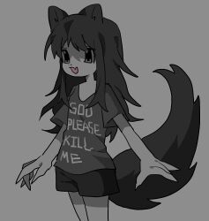 Rule 34 | 1girl, :d, animal ears, black hair, black shorts, clothes writing, english text, fang, furry, furry female, grey background, grey eyes, grey shirt, highres, long hair, my loleeta, open mouth, original, shirt, short shorts, shorts, simple background, skin fang, smile, solo, t-shirt, tail, truth