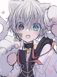Rule 34 | 1boy, absurdres, animal ears, animal hands, bell, black eyes, black shirt, blush, cat boy, cat ears, cat paws, collar, fang, grey eyes, grey hair, highres, jacket, long sleeves, looking at viewer, male focus, neck bell, open mouth, original, ponixponi, shirt, short hair, solo, white background, white jacket