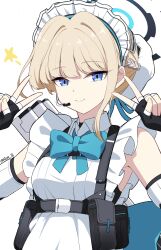 Rule 34 | 1girl, apron, armpits, assault rifle, black gloves, blonde hair, blue archive, blue bow, blue bowtie, blue eyes, blue ribbon, bow, bowtie, braid, breasts, bullpup, bun cover, caseless firearm, chest harness, closed mouth, commentary, commentary request, double v, earpiece, elbow gloves, fingerless gloves, french braid, frills, gloves, gun, h&amp;k g11, hair bun, hair intakes, halo, harness, highres, leotard, leotard under clothes, long hair, looking at viewer, maid headdress, medium breasts, pouch, prototype design, reia 76, ribbon, rifle, sidelocks, simple background, single hair bun, sleeveless, sleeveless turtleneck leotard, smile, solo, sparkle, symbol-only commentary, toki (blue archive), upper body, v, variations, weapon, white apron, white background