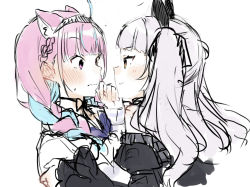 Rule 34 | 2girls, ahoge, animal ear fluff, animal ears, black bow, black dress, black sleeves, blue hair, blue sailor collar, blush, bow, braid, brown eyes, cat ears, closed mouth, cropped torso, detached sleeves, dress, eye contact, grey hair, hair bow, hair over shoulder, hairband, hand up, hololive, jacket, juliet sleeves, long hair, long sleeves, looking at another, low twintails, minato aqua, minato aqua (sailor), multicolored hair, multiple girls, murasaki shion, murasaki shion (gothic lolita), pink hair, puffy sleeves, purple eyes, sailor collar, sideways mouth, simple background, sketch, sleeves past wrists, smile, sweat, toumori kanna, twin braids, twintails, two-tone hair, two side up, upper body, v-shaped eyebrows, virtual youtuber, white background, white jacket, yuri