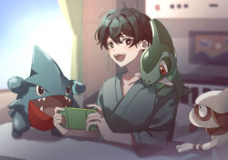 Rule 34 | 1boy, :d, axew, bed, black eyes, black hair, blanket, blurry, blurry background, bright pupils, commentary request, creatures (company), crossover, curtains, day, game freak, gen 2 pokemon, gen 4 pokemon, gen 5 pokemon, gible, hair between eyes, handheld game console, highres, holding, holding handheld game console, hospital bed, indoors, kagerou project, kokonose haruka, looking at another, looking at screen, looking at viewer, looking to the side, male focus, mokemoke chan, mole, mole under eye, nintendo, on bed, open mouth, painting (object), pokemon, pokemon (creature), sharp teeth, short hair, sitting, smeargle, smile, teeth, upper body, upper teeth only, white pupils, wide sleeves, window