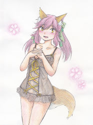 Rule 34 | 10s, 1girl, absurdres, animal ears, blush, breasts, cleavage, collarbone, colored pencil (medium), embarrassed, fate/extra, fate (series), fox ears, fox tail, hair ribbon, highres, looking at viewer, open mouth, pink hair, ribbon, simple background, solo, tail, tamamo no mae (fate/extra), traditional media, twintails, underwear, underwear only, white background, yamazaki makoto na, yellow eyes