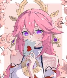 Rule 34 | 1girl, animal ears, bare shoulders, blush, border, commentary, covered collarbone, covering own mouth, detached sleeves, earrings, english commentary, floppy ears, flower, flower border, fox ears, genshin impact, hair between eyes, hair ornament, hand up, highres, holding, holding letter, japanese clothes, jewelry, letter, long hair, looking at viewer, love letter, nontraditional miko, pink background, pink flower, pink hair, portrait, purple eyes, shirt, shockwhite3, sidelocks, solo, turtleneck, twitter username, watermark, white border, white shirt, yae miko