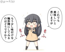 Rule 34 | 1girl, apron, black hair, black legwear, blazer, brown eyes, chibi, chopsticks, commentary request, food, full body, goma (yoku yatta hou jane), hatsushimo (kancolle), jacket, kantai collection, long hair, looking at viewer, low-tied long hair, one-hour drawing challenge, open mouth, plate, pleated skirt, red neckwear, school uniform, simple background, skirt, solo, standing, translation request, twitter username, white background, yellow apron