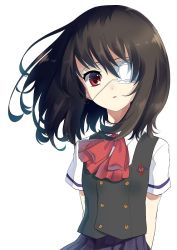 Rule 34 | 10s, 1girl, another, arms behind back, black hair, eyepatch, long hair, misaki mei, open mouth, red eyes, ribbon, school uniform, short hair, simple background, solo, uhyoko, white background