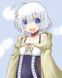 Rule 34 | 1girl, ahoge, blue eyes, blush, capelet, character request, collarbone, dress, looking at viewer, miiyon, open mouth, short hair, silver hair, smile, solo, strapless, strapless dress
