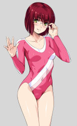 Rule 34 | 1girl, adjusting eyewear, athletic leotard, breasts, covered navel, cowboy shot, glasses, grey background, highres, leotard, long sleeves, original, pink leotard, red hair, short hair, small breasts, smile, solo, standing, thick eyebrows, thigh gap, wacchi, yellow eyes