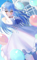 Rule 34 | ahoge, balloon, bare shoulders, blue hair, breasts, colored tips, commentary, dress, elbow gloves, flower, gloves, hair between eyes, hair flower, hair ornament, heart, heart ahoge, highres, hololive, large breasts, long hair, multicolored hair, onabe no shime, solo, strapless, strapless dress, streaked hair, tiara, virtual youtuber, wedding dress, white dress, white flower, yellow eyes, yukihana lamy