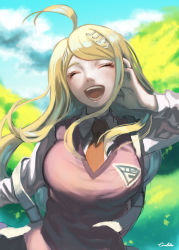 Rule 34 | 1girl, :d, ahoge, akamatsu kaede, backpack, bag, blonde hair, breasts, closed eyes, collared shirt, commentary request, danganronpa (series), danganronpa v3: killing harmony, day, facing viewer, fortissimo, hair ornament, hand in own hair, happy, highres, large breasts, long hair, long sleeves, musical note, musical note hair ornament, necktie, nyuukazai, open mouth, orange necktie, outdoors, pink vest, shirt, smile, solo, teeth, tree, upper body, vest